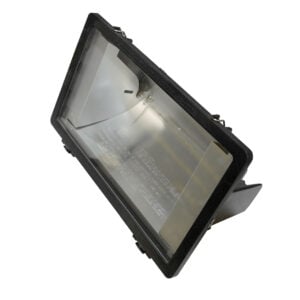 Black rectangular LED floodlight housing with clear front lens and mounting bracket