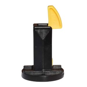 Black plastic device with a yellow curved handle on a circular base, viewed from the side.