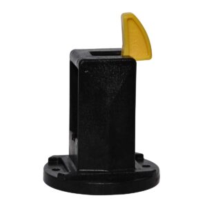 Black pedestal base with a vertical post and a yellow hinged cap on top