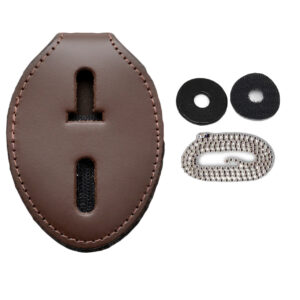 Brown leather strap pad with two vertical slits, part of a camera or bag strap kit, shown with two black washers and a metal mesh strap piece