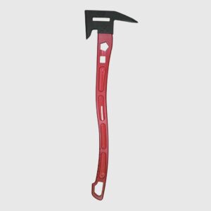 Red-handled claw hammer with a black metal head on a light gray background.