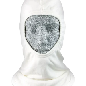 White balaclava/ ski mask with a glittery silver face opening, covering head and neck