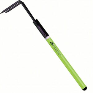 Green-handled garden weeder with a curved, two-prong head for pulling weeds from the soil.