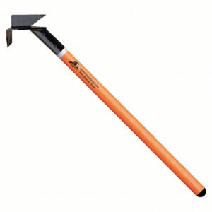 Orange-handled leatherworking tool with a hooked metal blade at the head, used for edging or beveling leather pieces.