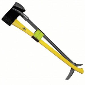 Yellow-handled hatchet with a black axe head and a long gray blade extending along the handle, shown diagonally on a pale background.