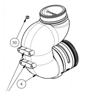 Isometric line drawing of a curved hose elbow with two hose clamps and measurement labels 50 and 4.