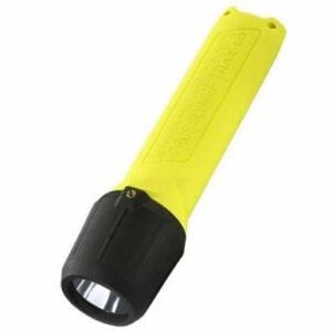 Yellow handheld flashlight with a black head and LED lens at the front