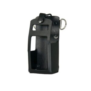 Black plastic belt holster with a side D-ring and strap closure, designed to hold a compact tool or device.