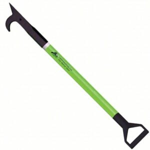Green-handled grabbing tool with a curved claw at one end and a triangular grip at the other.