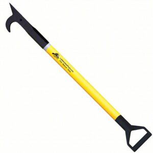 Halligan bar rescue tool with curved claw and adze, yellow handle, used for forced entry in firefighting situations