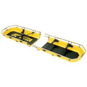 Yellow two-section rescue stretcher with side rails and black securing straps for patient transport to EMS/field care.