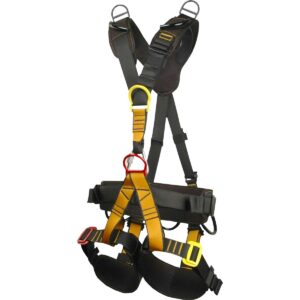 Full-body safety harness with yellow buckles and D-rings for fall protection