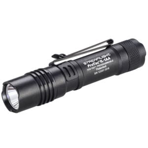 Compact black flashlight with side grip and metal clip, Streamlight ProTac 1L-1A.