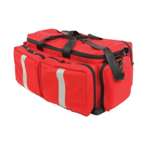 Red emergency medical bag with multiple zippered compartments and black handles reflecting light striping