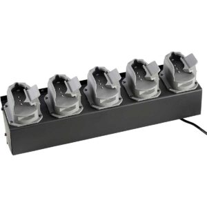 Six-outlet power distribution strip with gray outlets mounted on a black metal bar and a visible power cord.