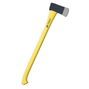 Yellow-handled hatchet with a gray metal head on a white background, angled to the upper right.