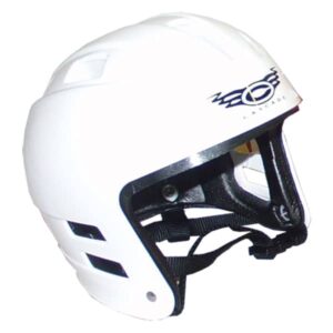 White protective sports helmet with a black open-face guard and chin strap, shown from a side angle.