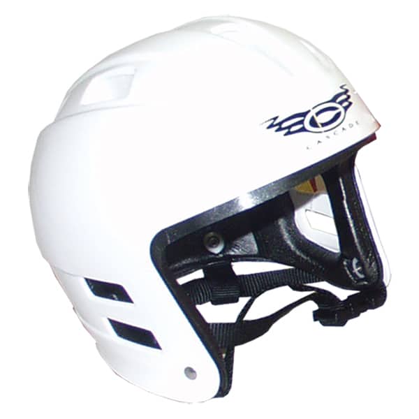 White protective sports helmet with a black open-face guard and chin strap, shown from a side angle.