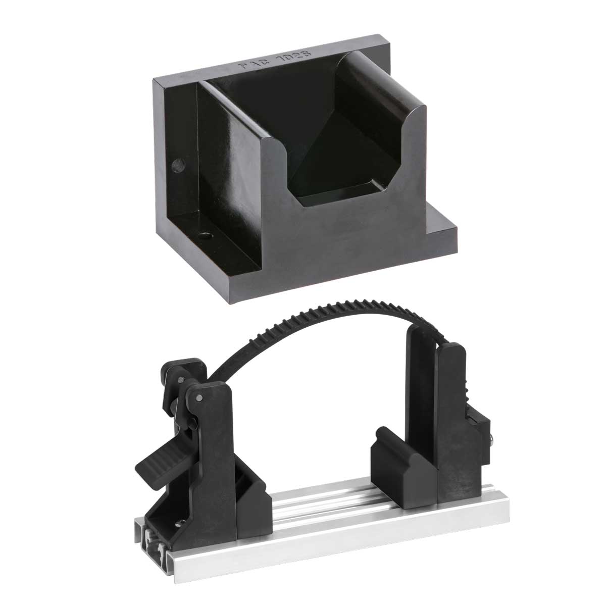 Two woodworking jigs: a black plastic mounting block and a separate clamp/guide with a metal rail system.