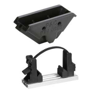 Woodworking clamping jig with a curved gear rack and dual vertical supports, used to hold pieces steady during cutting or routing.