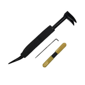 Lock pick set with a curved pick, tension wrench, and a yellow-handled tool.