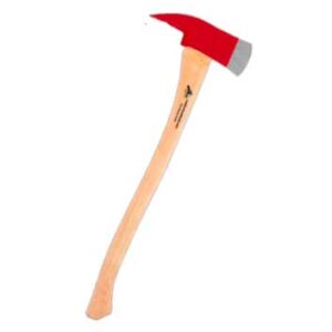 Wooden-handled axe with a red metal head against a white background, angled upward for display.