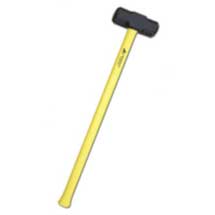Yellow rubber mallet with a black rectangular head on a long yellow handle.