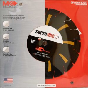 Product packaging for an MK Diamond 12" Super Vac diamond blade with segmented rim, red and gray box design.