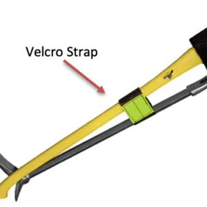 Yellow-handled axe with a green Velcro strap wrapped around the shaft, securing the head