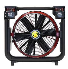 Portable industrial shop fan with a large circular blade enclosed in a black/red frame for ventilation and cooling panels.