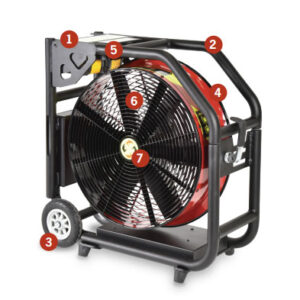 Portable industrial air blower with a red circular fan housing on a black metal frame with wheels; numbered labels 1–7 indicate parts.