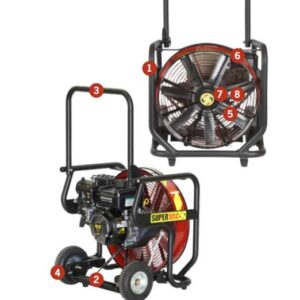 Portable industrial ventilation blower on a wheeled frame with a separate large red fan; labels 1–8 mark components.