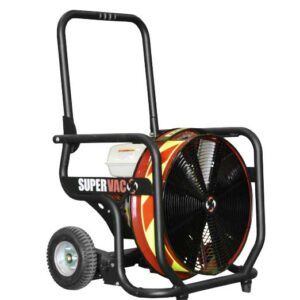 Portable industrial blower on a wheeled frame, labeled Super Vac, with a large circular fan housing at the front.