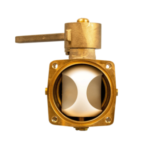 Brass butterfly valve with a manual lever, shown from the front with a circular bore and white disc inside.