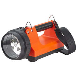 Handheld orange LED flashlight with four LEDs and a black strap, designed for outdoor use.