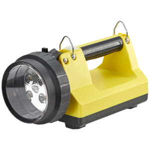 Yellow handheld work light with a large round LED head and a built-in carrying handle for construction or outdoor use.
