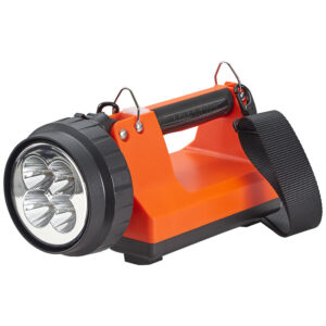 Orange handheld LED flashlight with four-beam front lamp and black wrist strap for carrying around.