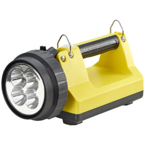 Yellow handheld LED work light with a large round head, three LEDs, and a built-in handle for portability.