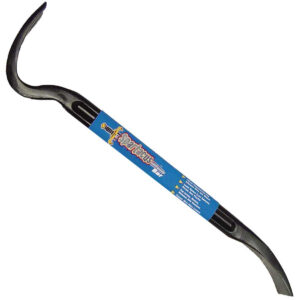 S‑shaped curved black tool with a blue product label wrapped around the middle.