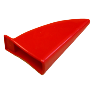 Red plastic doorstop wedge with a hollow base, used to prop a door open.