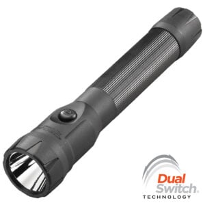 Flashlight with textured grip and rear power switch, featuring a wide beam reflector and Dual Switch Technology logo in the corner.