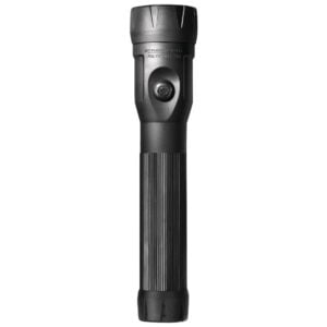 Black tactical flashlight with a ribbed grip and compact, cylindrical body used for handheld lighting