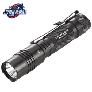 Streamlight ProTac HL-X black flashlight with knurled grip and pocket clip; NTOA 2018 Member Tested and Recommended badge in the corner.