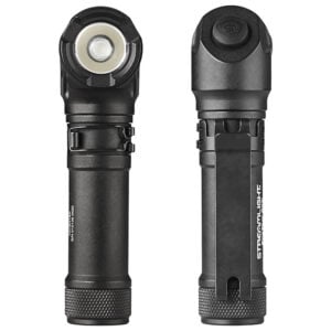Two black compact flashlights shown from front and back, featuring knurled bases and a metal pocket clip on each.