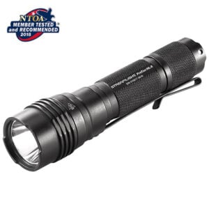 Black tactical flashlight with metal knurling and a pocket clip, shown at an angle with a high-beam head and an NT0A recommended badge in the corner