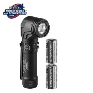 Compact black tactical flashlight with two Streamlight batteries and a belt clip, featuring a textured grip and adjustable head; NTOA 2021 badge visible in top left corner.