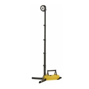 Tall black adjustable lifting mast mounted on a yellow base with fork-like supports at the bottom.