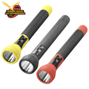 Three handheld flashlights with textured black bodies and color-coded ends (yellow, gray, red) arranged diagonally; award logo top-left.