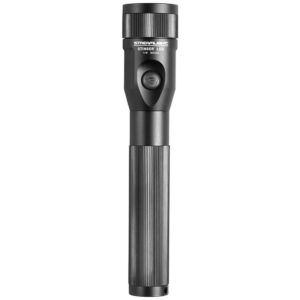Handheld black Streamlight Stinger LED flashlight with textured grip and rear tail switch, shown upright.