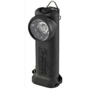 Handheld tactical flashlight with a large front beam and textured grip, standing upright on a base mount.